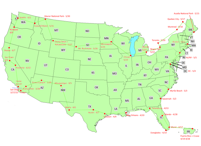 US Travel Map - With Lines, filled in green